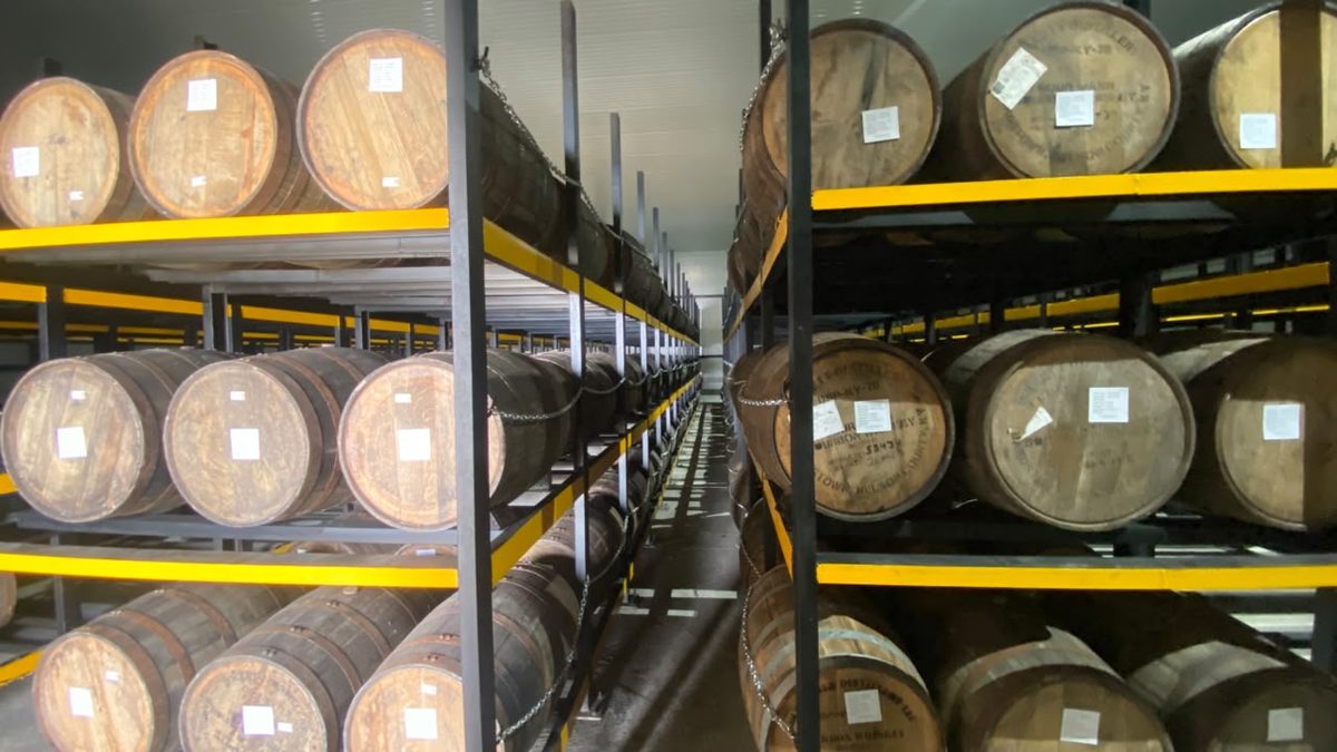 Oak barrels in maturation racks